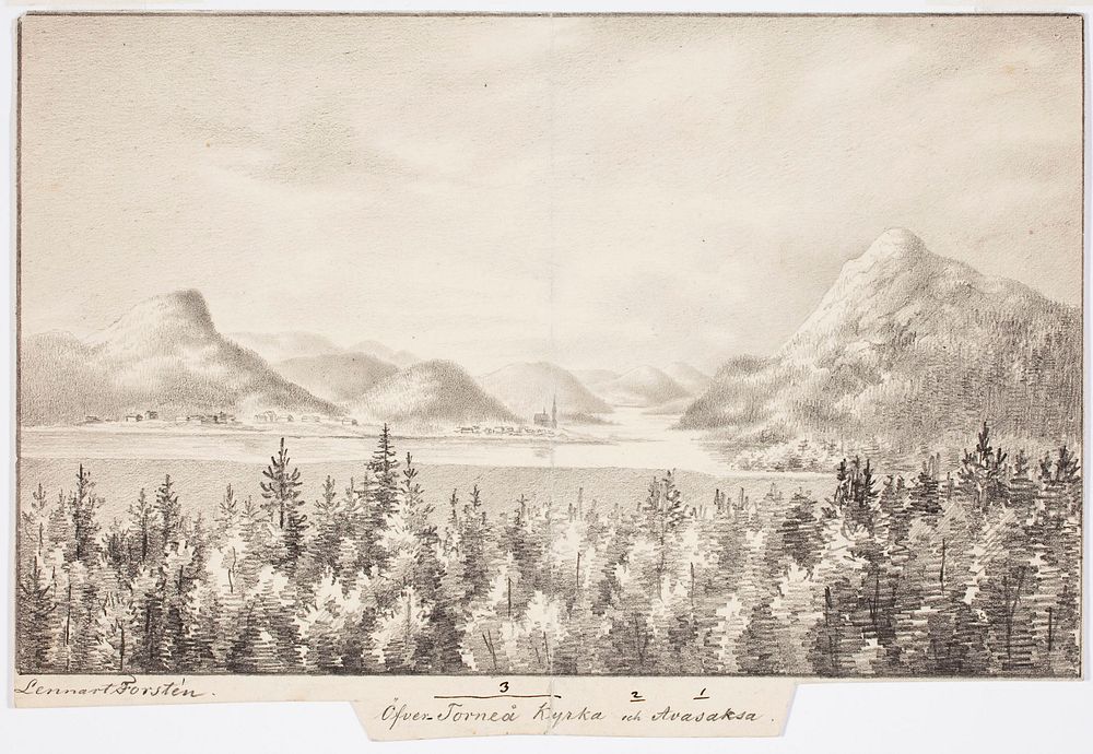 Aavasaksa hill and ylitornio church, original drawing for finland depicted in drawings, 1844 - 1846