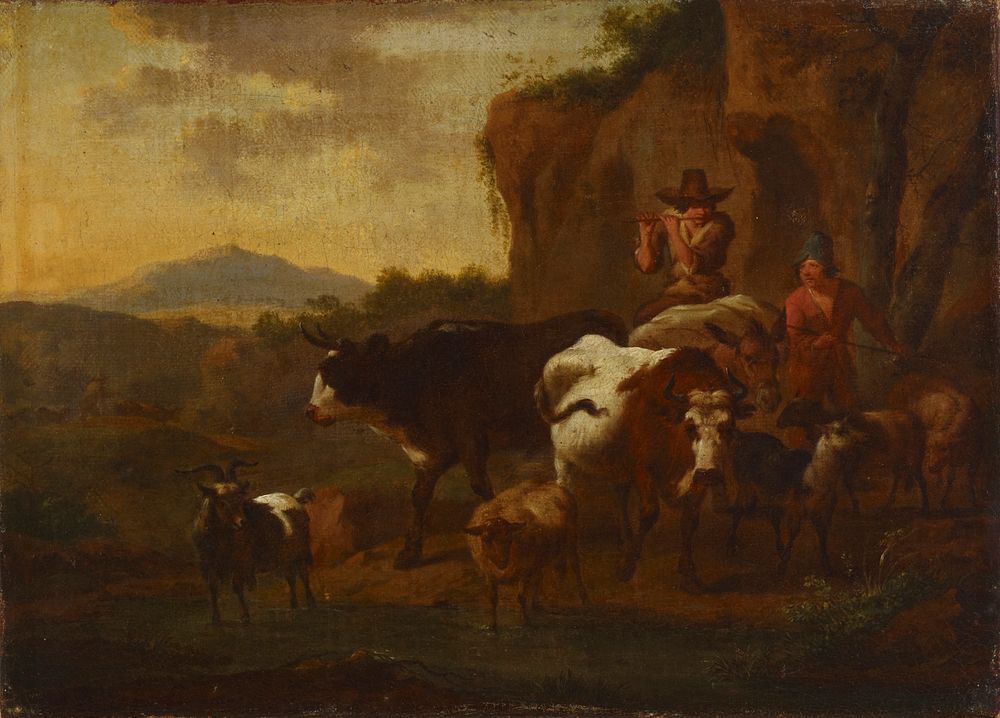 A shepherd playing the flute and cattle