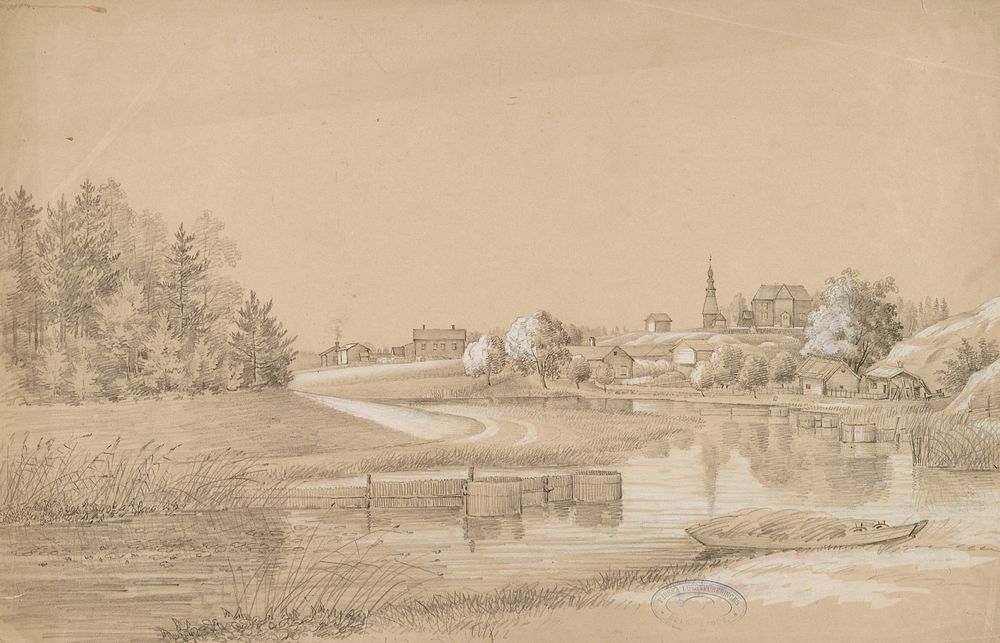 Snappertunan kirkko ja kylää, 1853 by Magnus von Wright