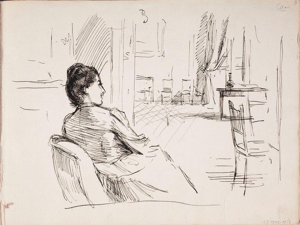 Interiööri jossa taiteilijan vaimo ellan. merkitty: ellan, 1888 - 1894part of a sketchbook by Albert Edelfelt