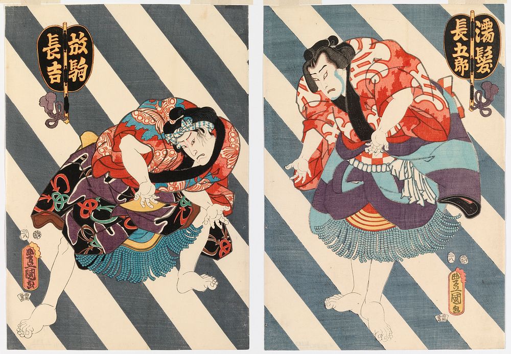 Näyttelijät nakamura fukusuke ja kataoka ichizo näytelmässä futatsu cho-cho (kaksi perhosta), 1857 by Utagawa Kunisada