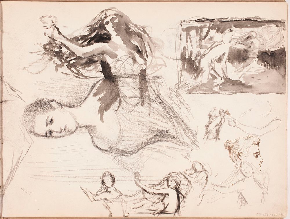 Luonnoksia maalaukseen nuorukainen ja vedenneito 1897 part of a sketchbook by Albert Edelfelt
