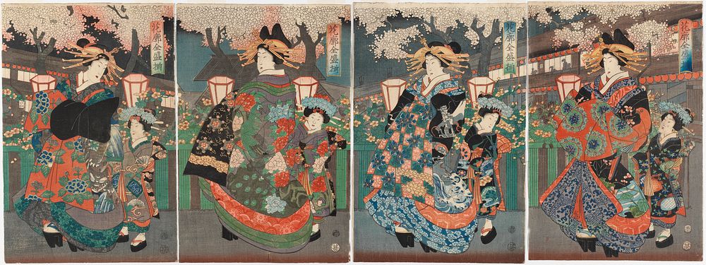 Neljä onnagata-näyttelijää kabuki-näytelmässä, 1850 - 1870