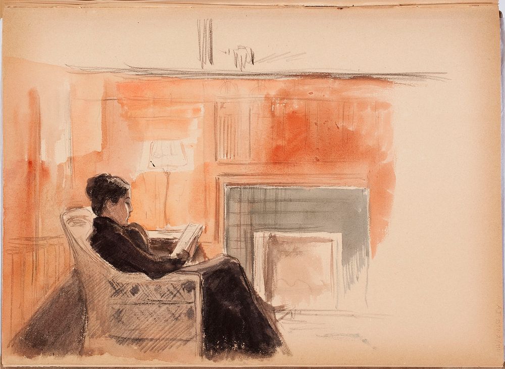 Ellan edelfelt lukemassa uunin edustalla kilon huvilassa, 1898part of a sketchbook by Albert Edelfelt