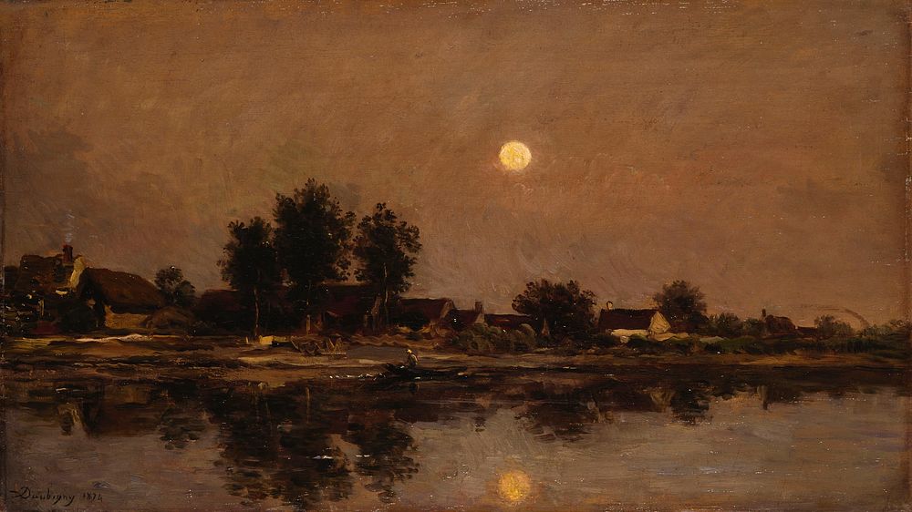 The rising moon on the river bank ; village by the light of the moon, 1874