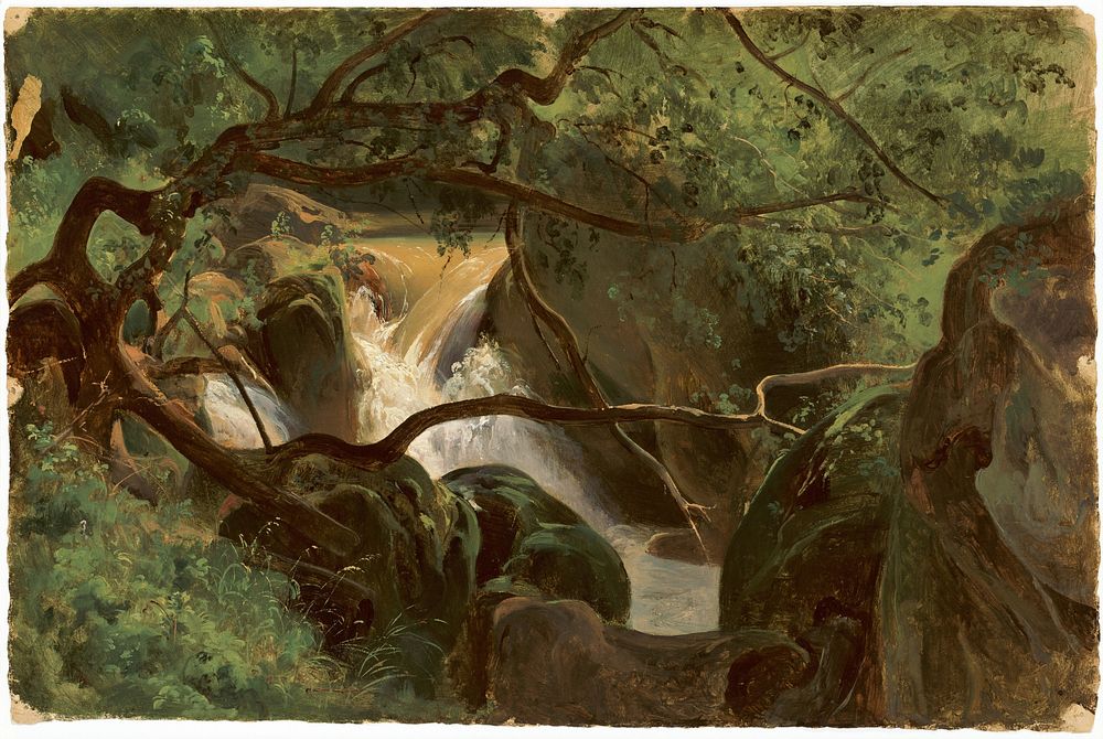 Forest Interior with a Waterfall, Papigno (1825–1830) by André Giroux.  