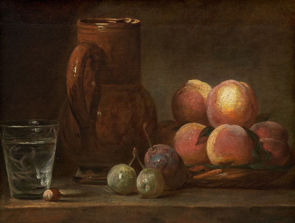 Fruit, Jug, and a Glass (ca. 1726&ndash;1728) by Jean Sim&eacute;on Chardin.  