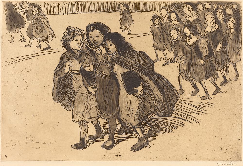 Girls Coming from School(Gamines sortant de l'ecole) (1911) print in high resolution by Théophile Alexandre Steinlen.  