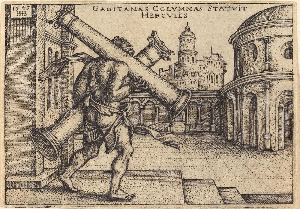 Hercules Carrying the Columns of Gaza (1545) by Sebald Beham.  