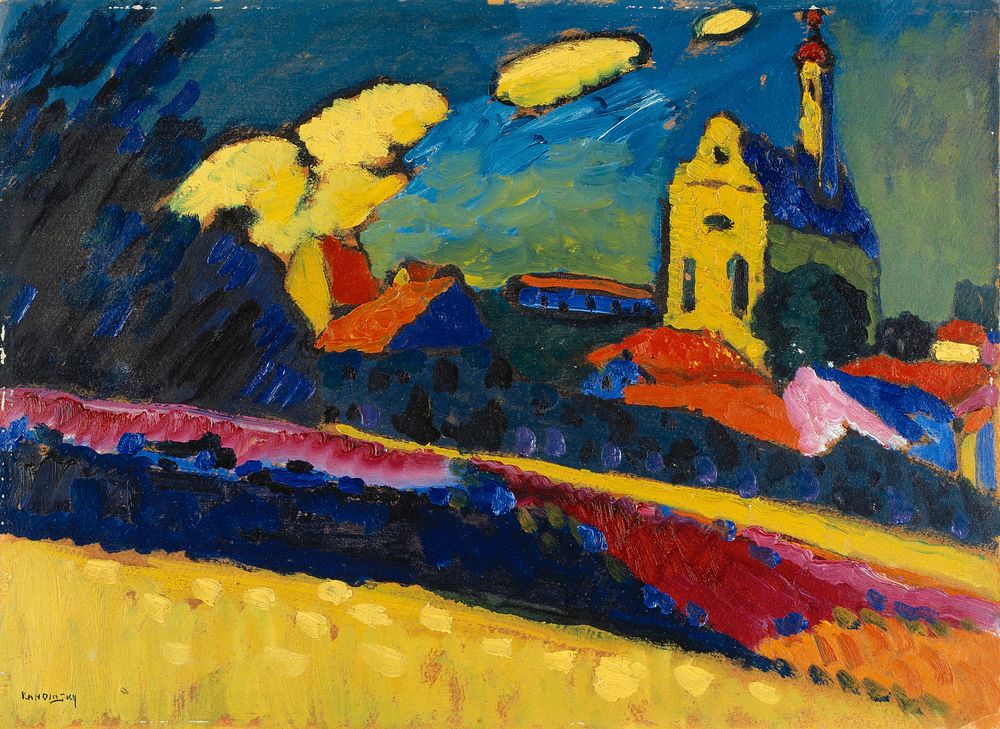 Study of Murnau - Landscape with Church (1909) painting in high resolution by Wassily Kandinsky. 