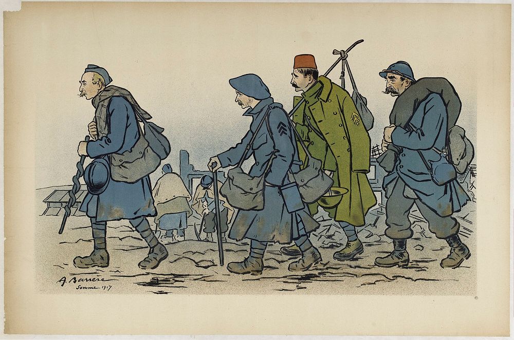Adrien Barrère. "Groupe de soldats en marche". Lithographie couleur. 1917. Paris, musée Carnavalet.