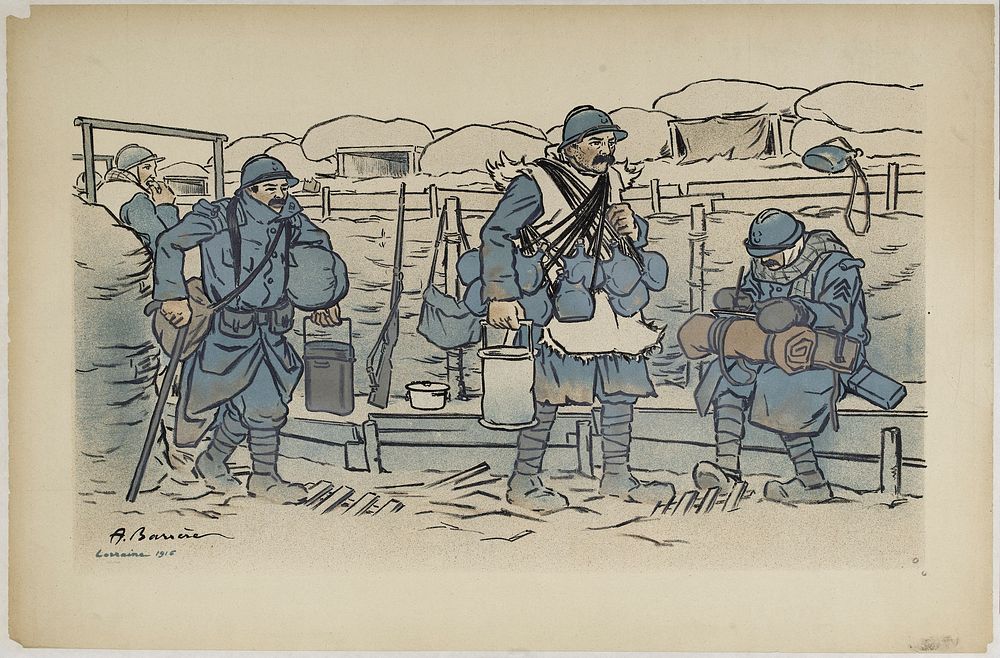 Adrien Barrère. "Poilus dans une tranchée". Lithographie couleur. 1916. Paris, musée Carnavalet.
