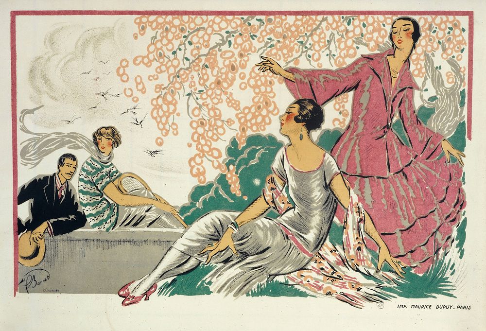 Frédéric Bonnet. Imprimerie Maurice Dupuy & Cie. Elégantes sous un feuillage. Affiche. Lithographie couleur, entre 1920 et…