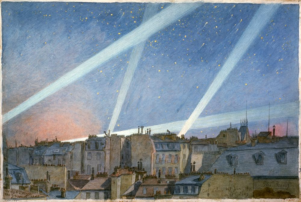 "Rue Gassendi, vue du 6ème étage : Nuit d'alerte en 1918". Dessin de Félix Brard. Paris, musée Carnavalet.