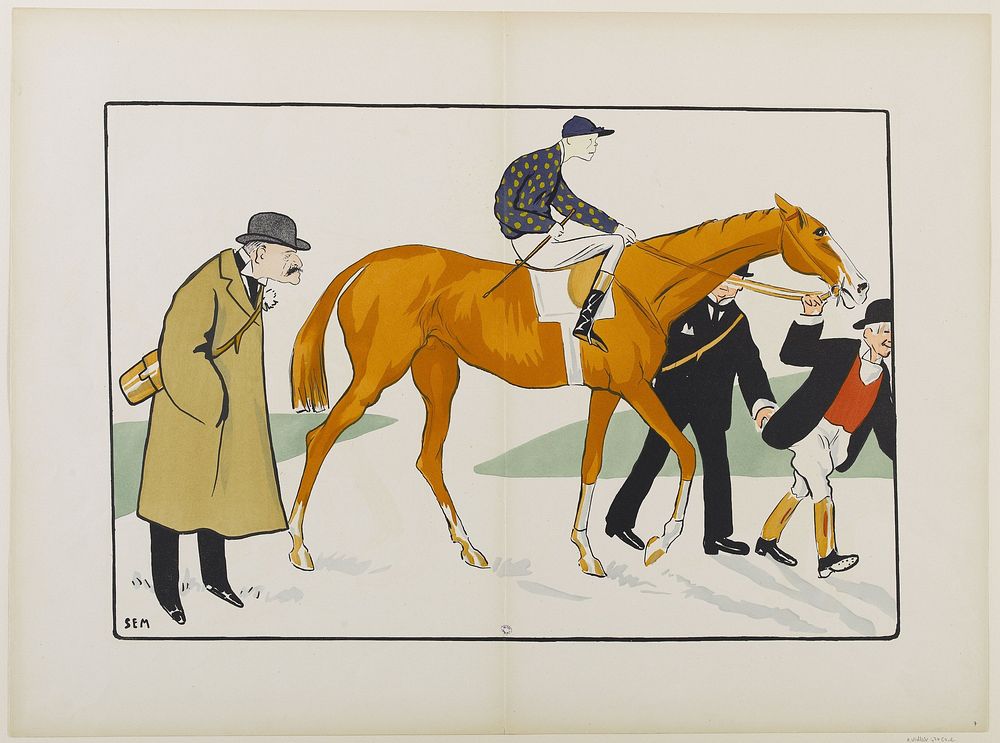 Sem (1863-1934). Album vert de Sem - Le jockey Rigby, Maurice Ephrussi et l'entraîneur Carter. Lithographie couleur. Paris…