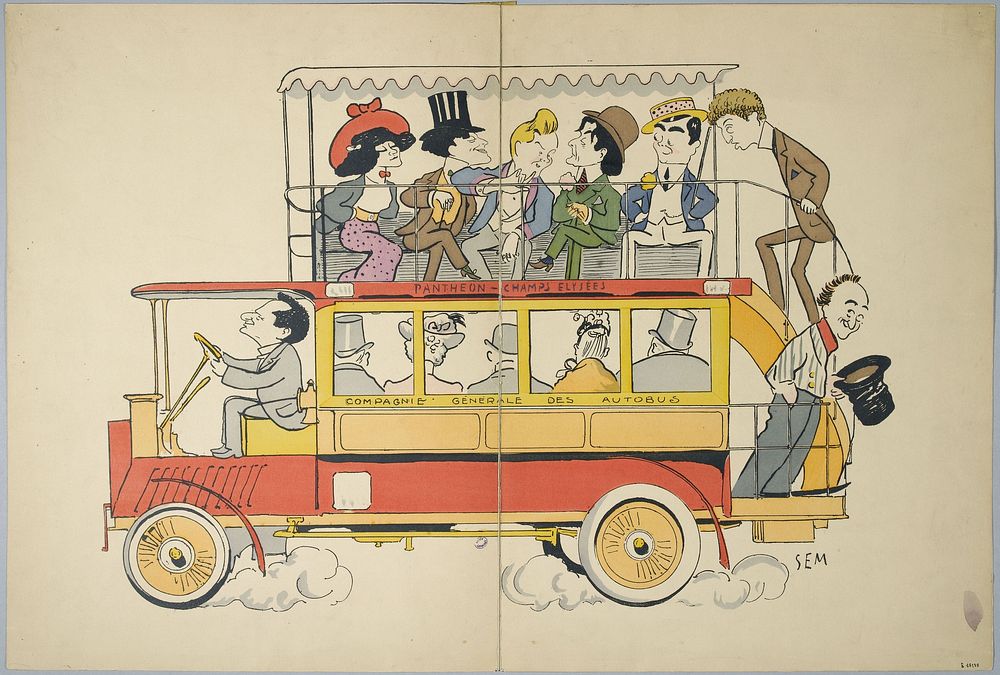 Sem (1863-1934). "Panthéon - Champs-Elysées, compagnie générale des autobus" (l'impresario Raoul Gunsbourg, Colette, Francis…