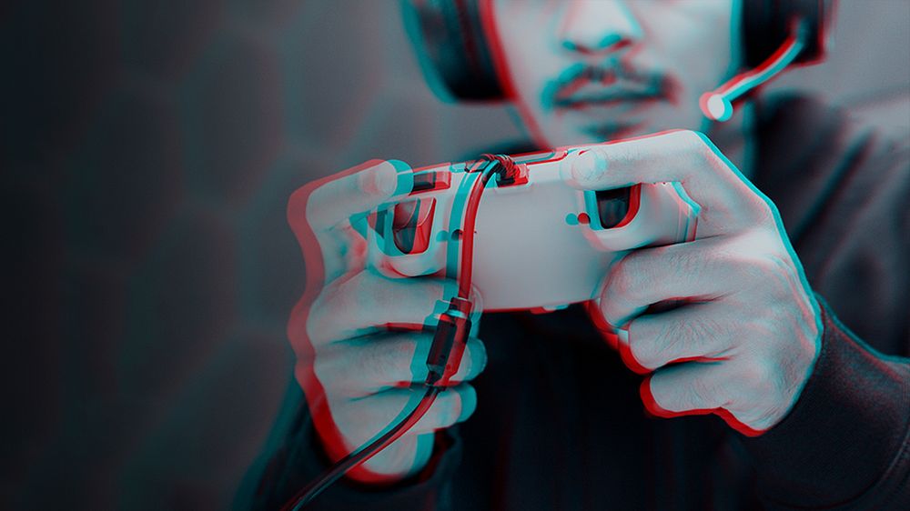 Man playing game background, double color exposure