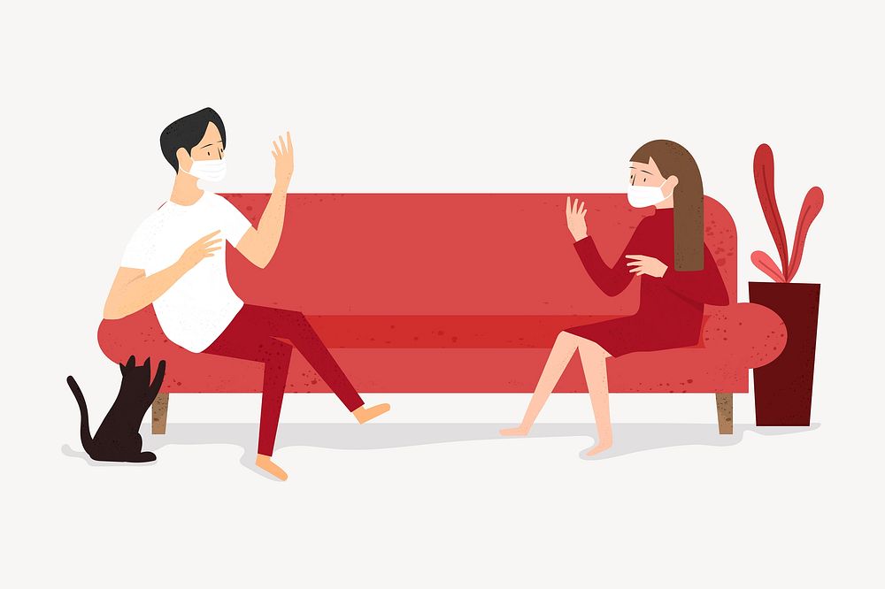 Social distancing element, couple sitting on sofa vector