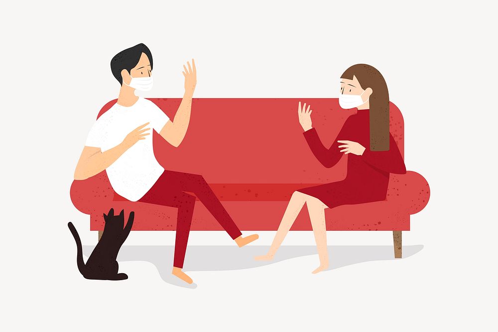 Social distancing element, couple sitting on sofa vector