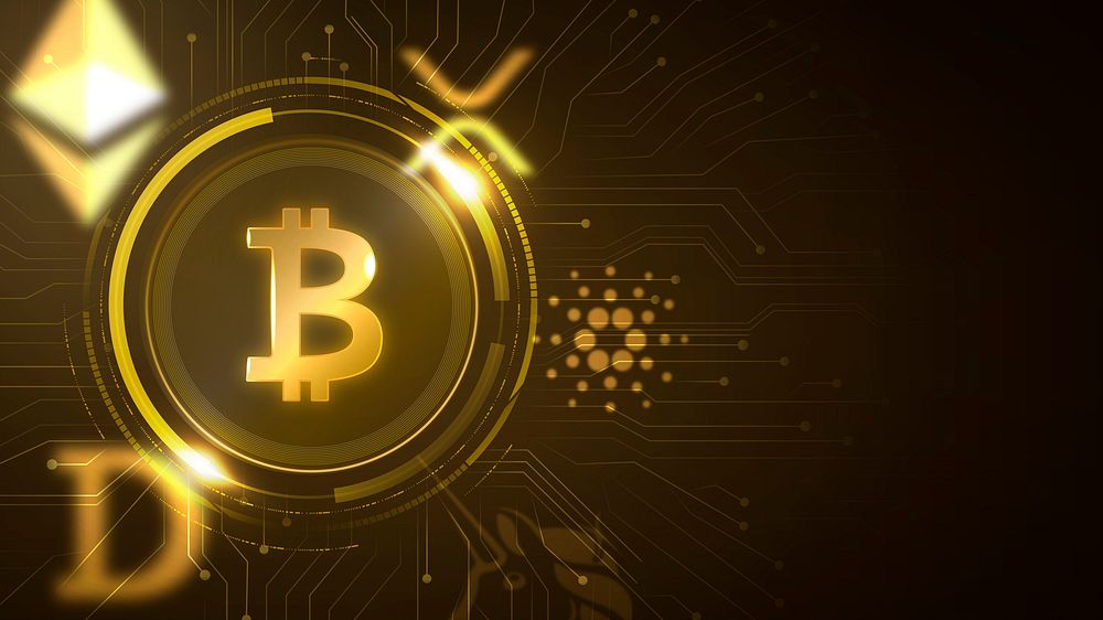 Gold bitcoins desktop wallpaper, cryptocurrency digital finance remixed