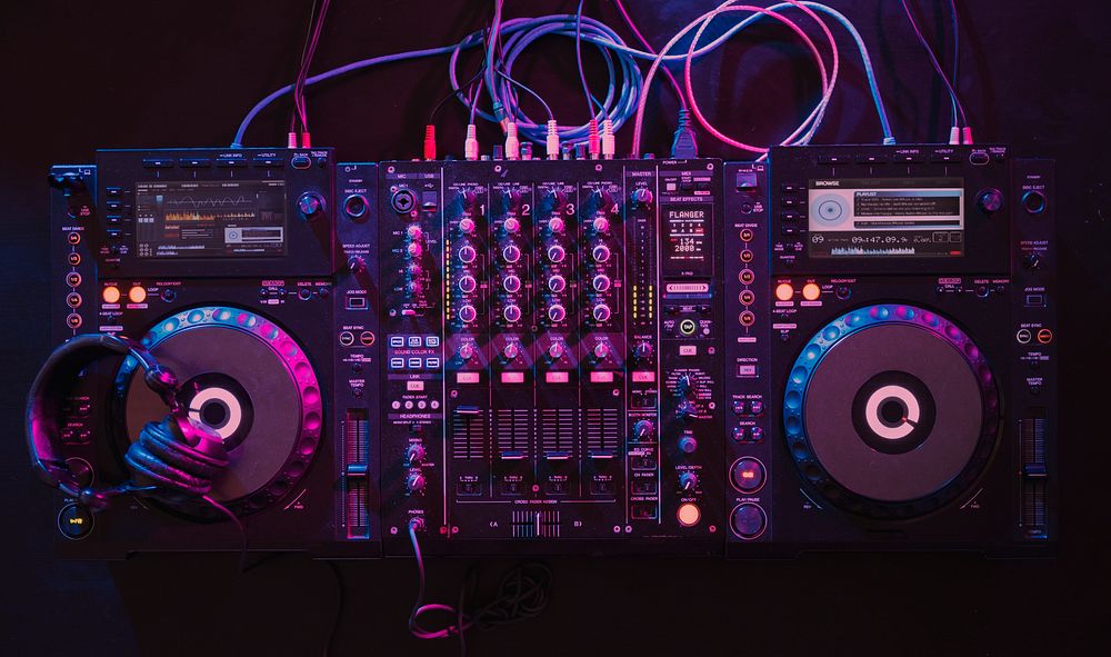 Neon sound mixer, dark background