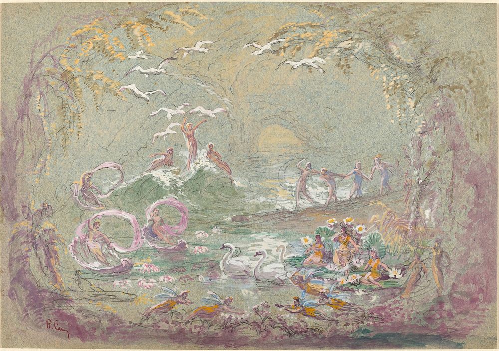 Lake Scene with Fairies and Swans by Robert Caney (1847–1911).  