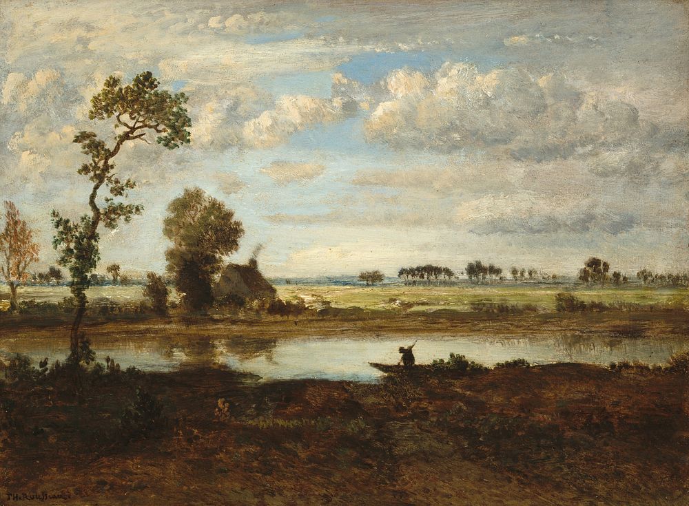 Landscape with Boatman (ca.1860) painting in high resolution by Th&eacute;odore Rousseau. 