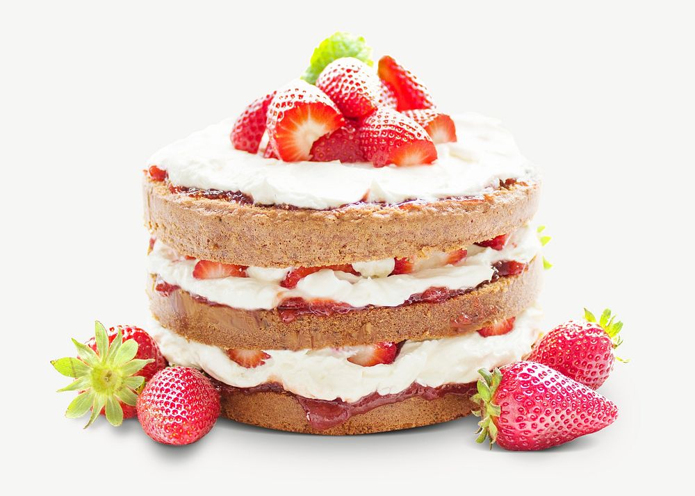 Strawberry layer cake collage element, isolated image psd