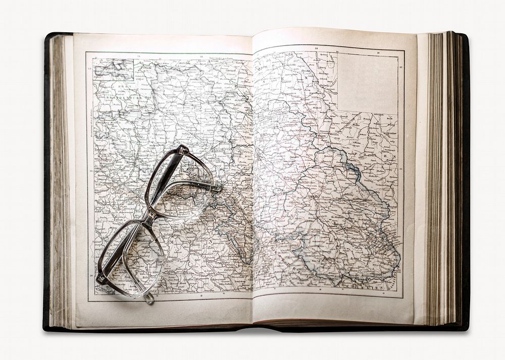 Glasses on map, isolated image design