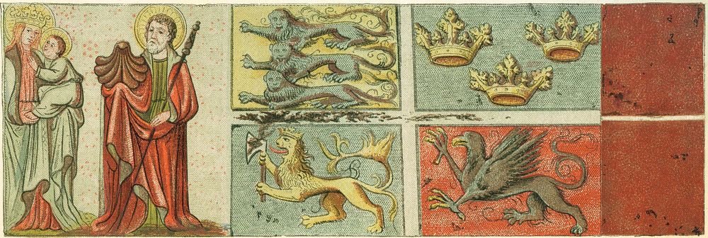 A medieval ship flag captured from a Danish ship by forces from Lübeck in 1427 displaying the arms of Denmark, Sweden…