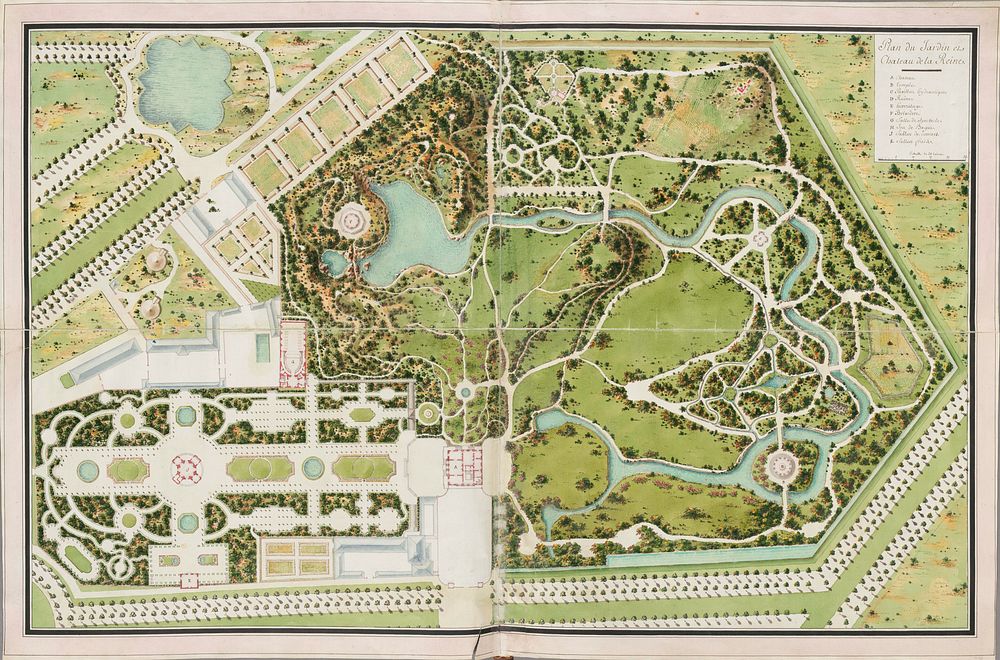Plan of the Petit Trianon and the surrounding park, part of the gardens of Versailles, France.