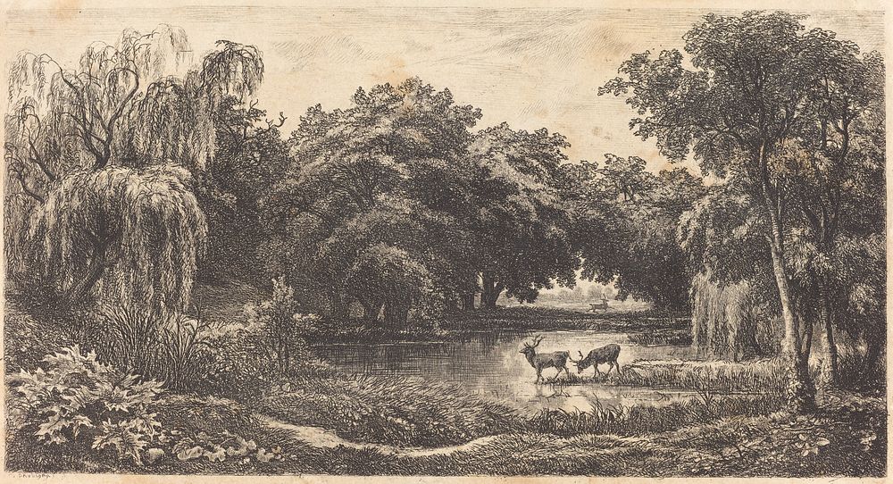 Pool with Deer (La Mare aux cerfs) (1845) print in high resolution by Charles-Fran&ccedil;ois Daubigny. 