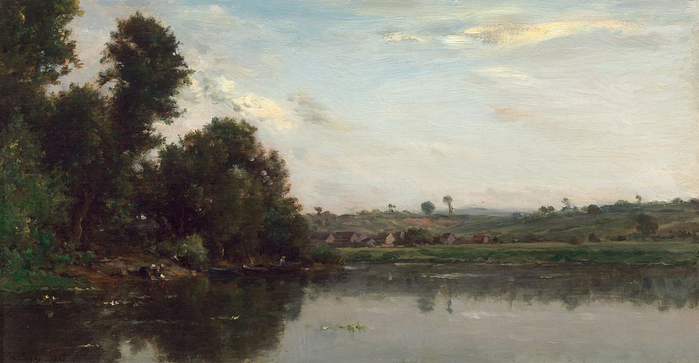 Washerwomen at the Oise River near Valmondois (1865) painting in high resolution by Charles-Fran&ccedil;ois Daubigny. 