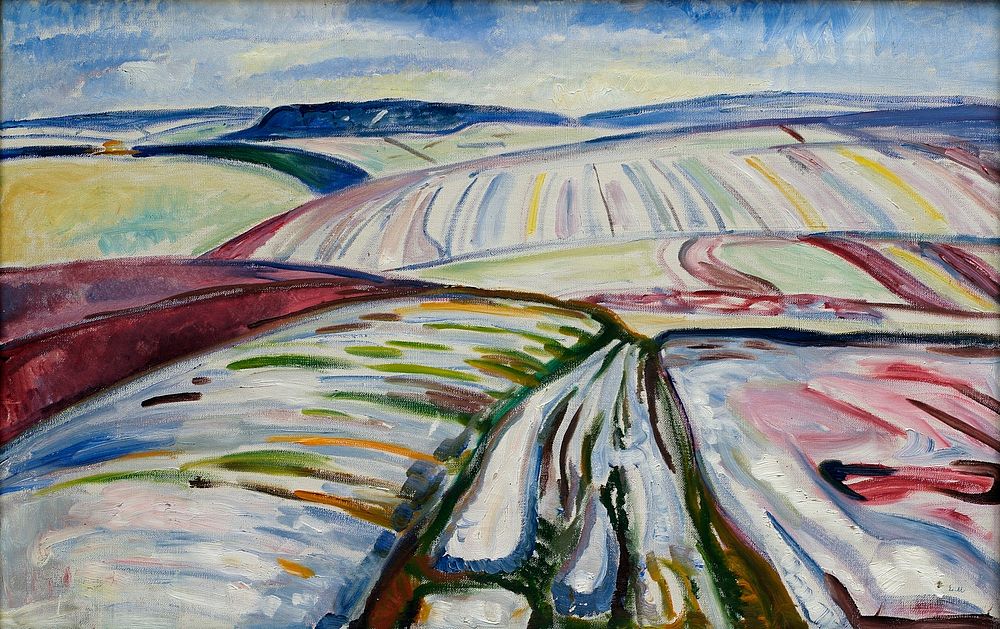 Edvard Munch's Field in Snow (1907) famous painting. Original from the Thiel Gallery. 
