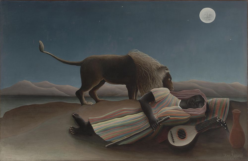 Henri Rousseau's The Sleeping Gypsy (La Bohémienne endormie) (1897) famous painting. Original from Wikimedia Commons. 