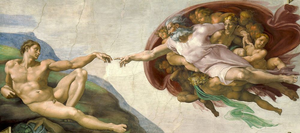 Michelangelo Buonarroti's The Creation of Adam (circa 1511) famous painting. Original from Wikimedia Commons. 
