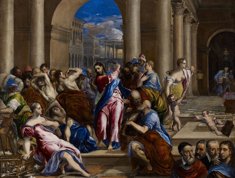 El Greco's Christ Driving the Money Changers from the Temple (c. 1570-75) famous painting.  