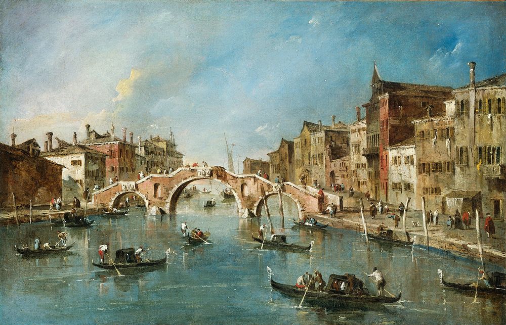 Francesco Guardi's View on the Cannaregio Canal, Venice (c. 1775-1780) famous painting. 