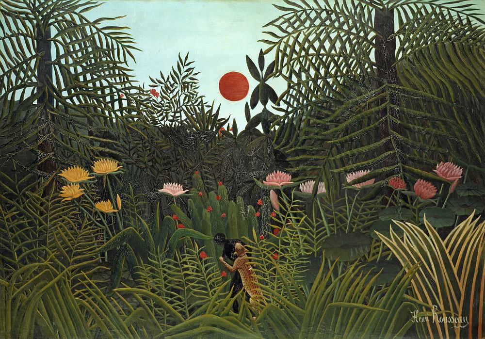 Henri Rousseau's Virgin Forest with Sunset (1910) famous painting. 