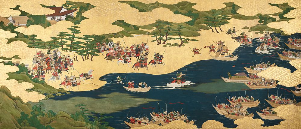 The battle of Ichinotani from the tale of the Heike (mid 17th century ) vintage painting by Tosa School. Original public…