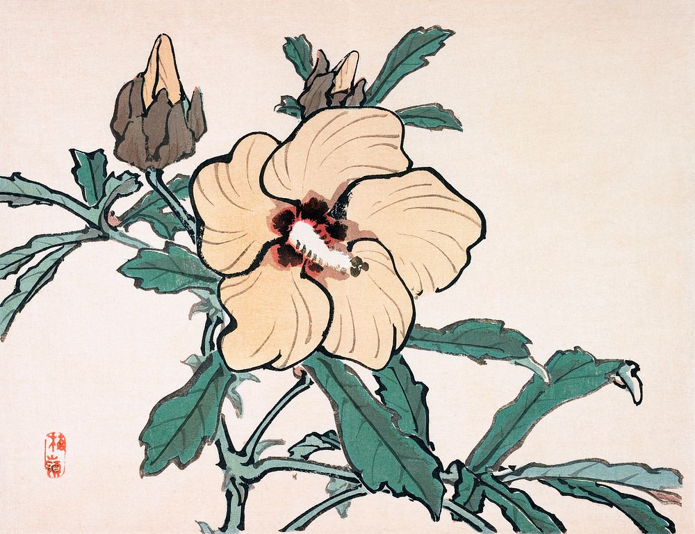 Japanese hollyhock (19th century) vintage woodblock print by Kōno Bairei. Original public domain image from the Minneapolis…