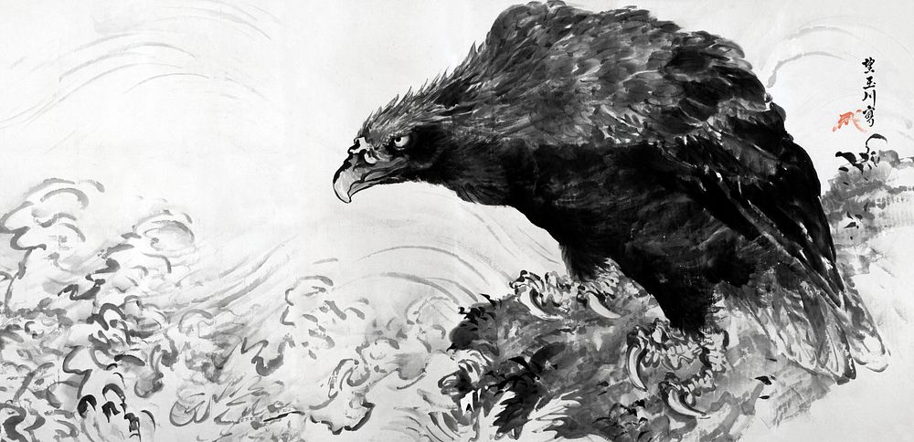 Eagle on Rock by Waves during first half 19th century painting  by Mochizuki Gyokusen.  Original public domain image from…