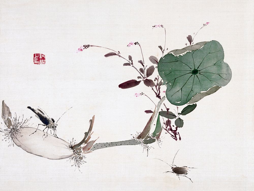 Lotus and insects (19th century) vintage Japanese painting by Urakami Shunkin. Original public domain image from the…