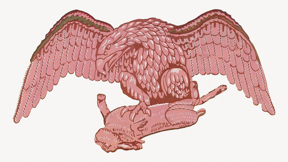 Eagle and Rabbit, pink animal illustration.  Remastered by rawpixel