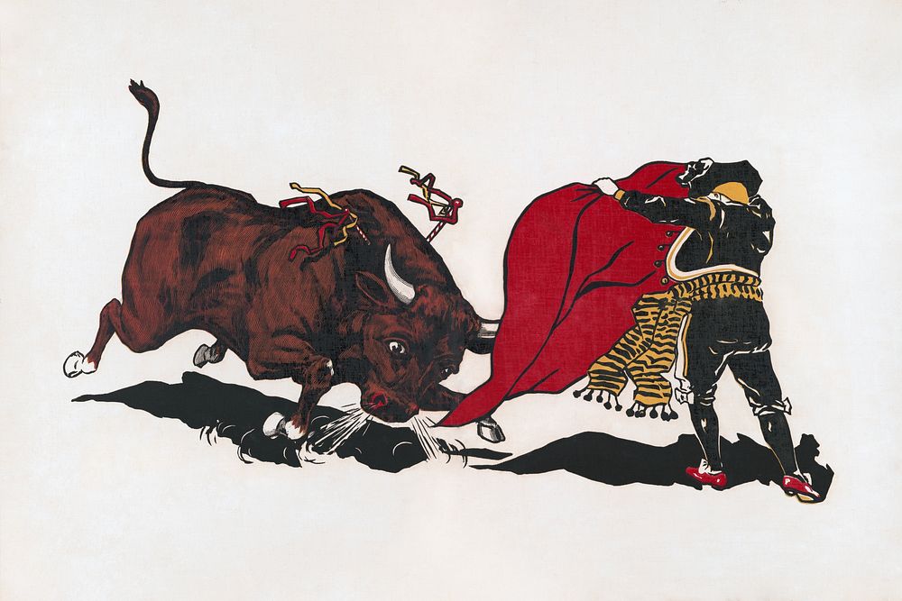 Matador and bull, aesthetic woodcut. Original public domain image from the Library of Congress. Digitally enhanced by…