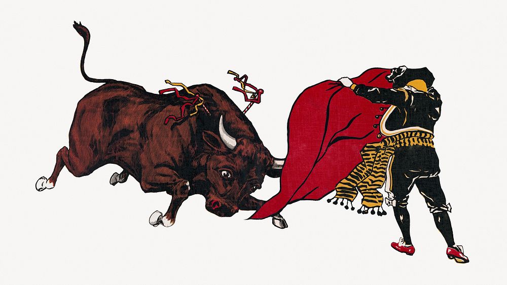 Aesthetic vintage matador and bull illustration.  Remastered by rawpixel