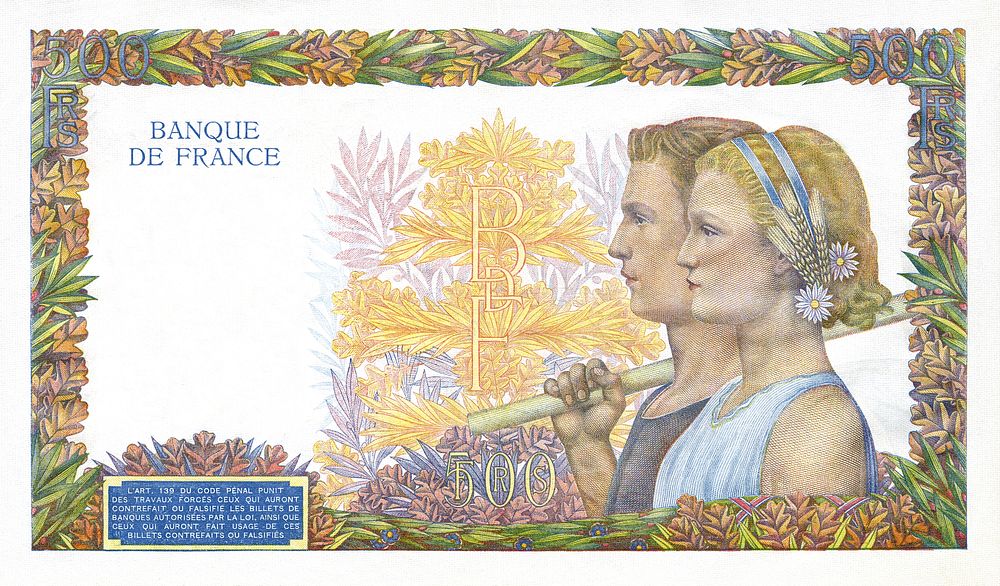 French's 500 Francs banknote (1941). Original public domain image from Wikimedia Commons. Digitally enhanced by rawpixel.
