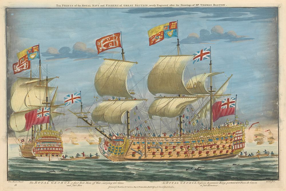 The Royal George, a first Rate Man of War carrying 100 Guns and 780 Men  print in high resolution by James Cole.  