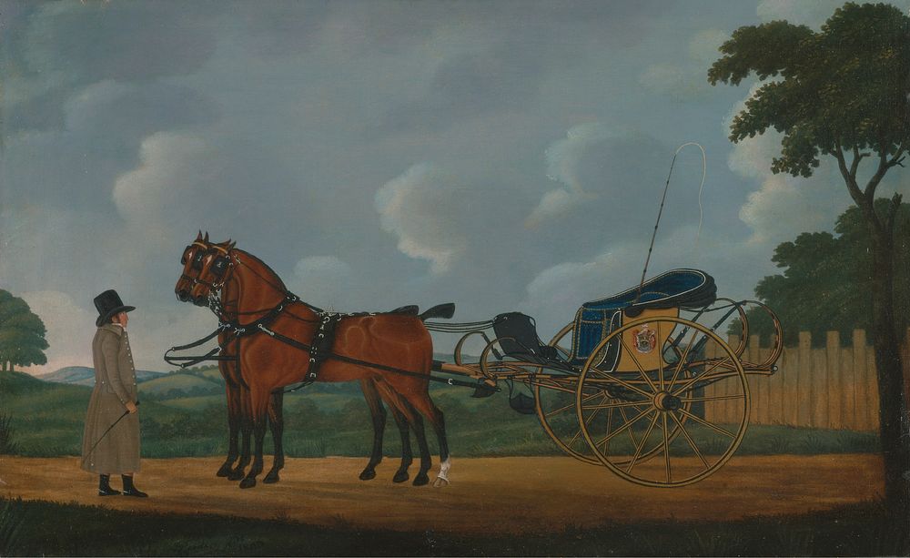 A Gentleman with His Pair of Bays Harnessed to a Curricle (1806) painting in high resolution by John Cordrey.  