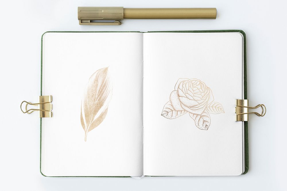 Flower in a notebook page with stationary mockup